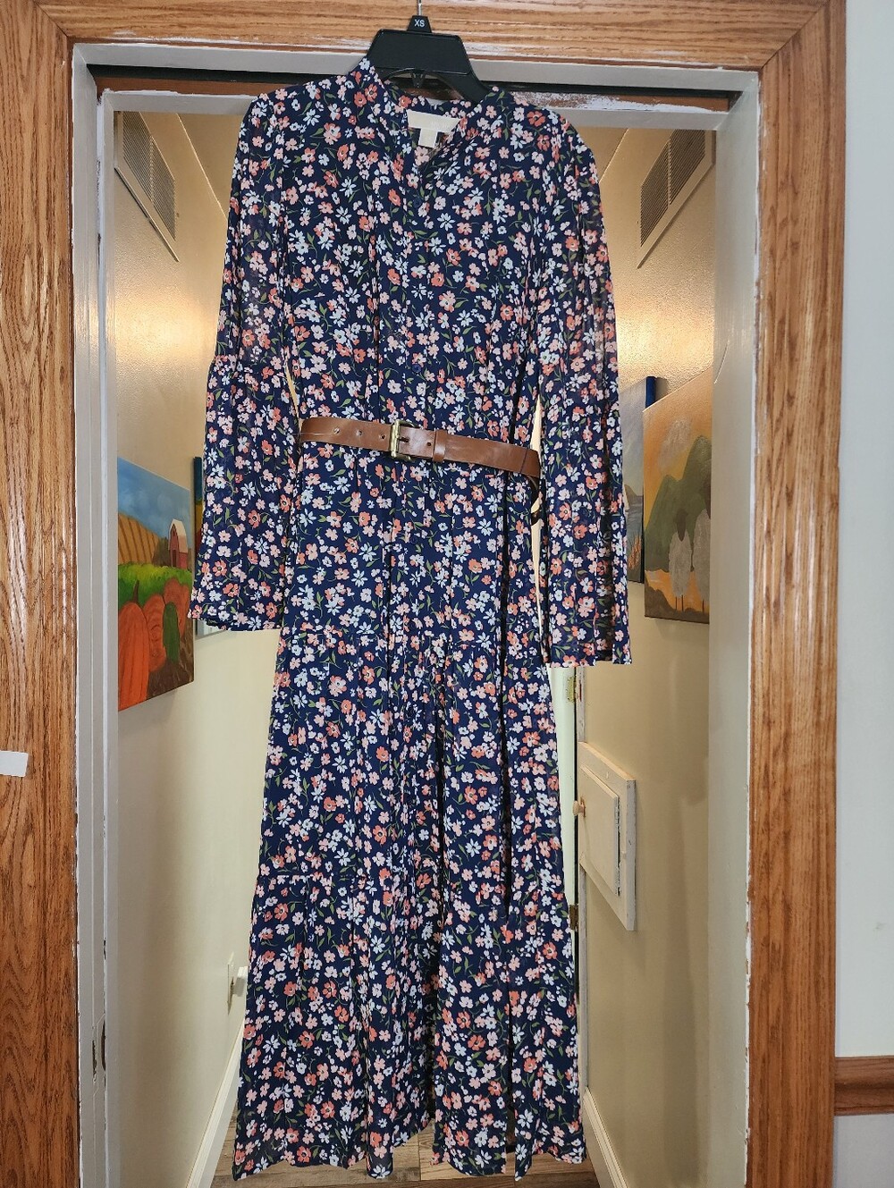 Michael Kors Navy Floral Long-Sleeve Tiered Maxi Dress with Tan Belt NWT!